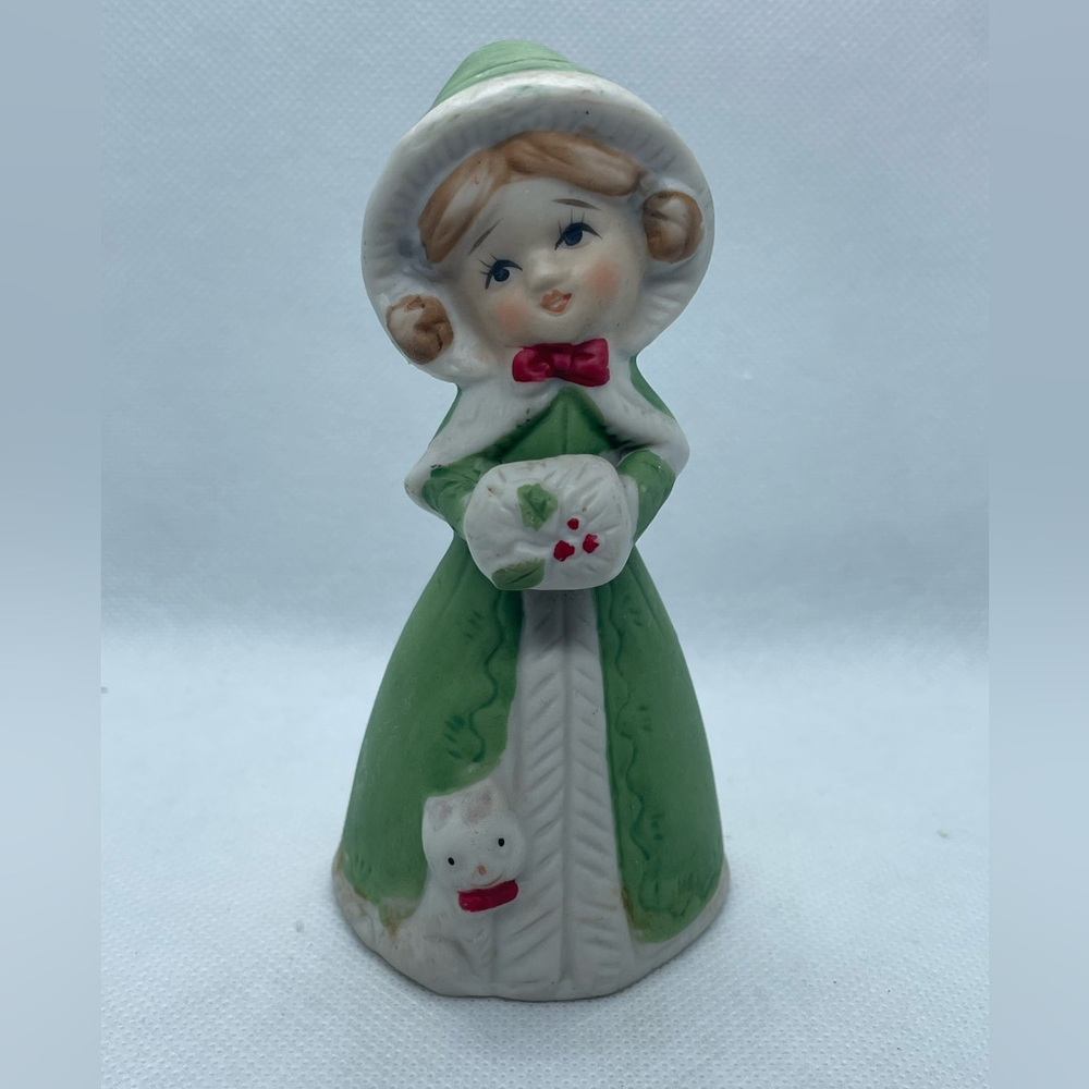 Vintage Jasco Christmas Bell Merri Bells Figurine Bisque Porcelain Girl With Cat